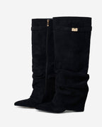 Black Fold-Over Hidden-Heel Knee Boots