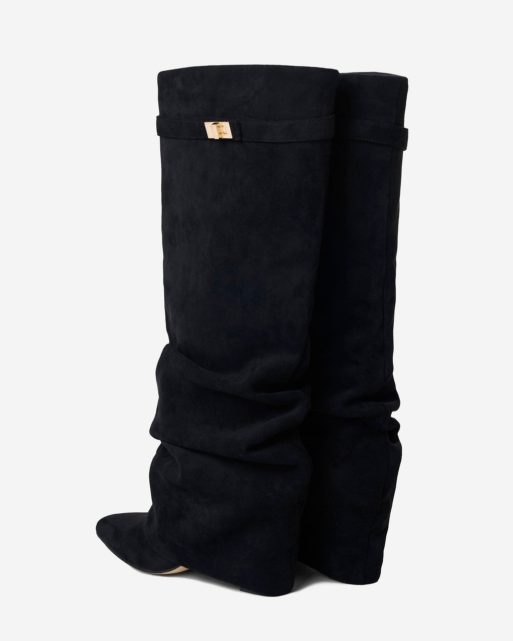Black Fold-Over Hidden-Heel Knee Boots
