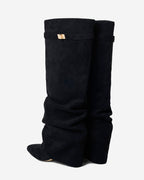 Black Fold-Over Hidden-Heel Knee Boots