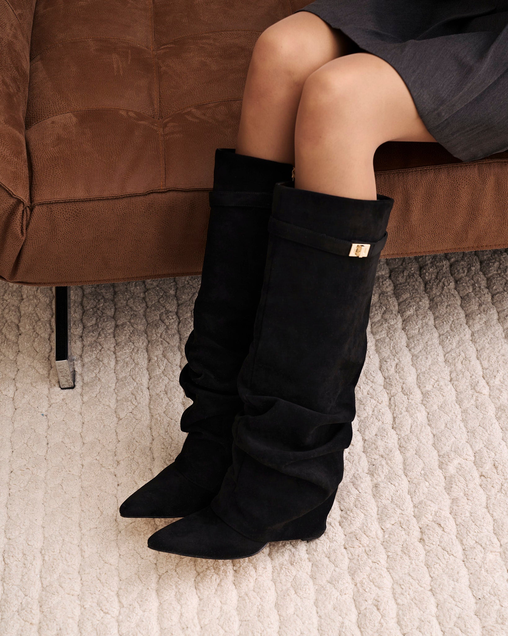 Black Fold-Over Hidden-Heel Knee Boots