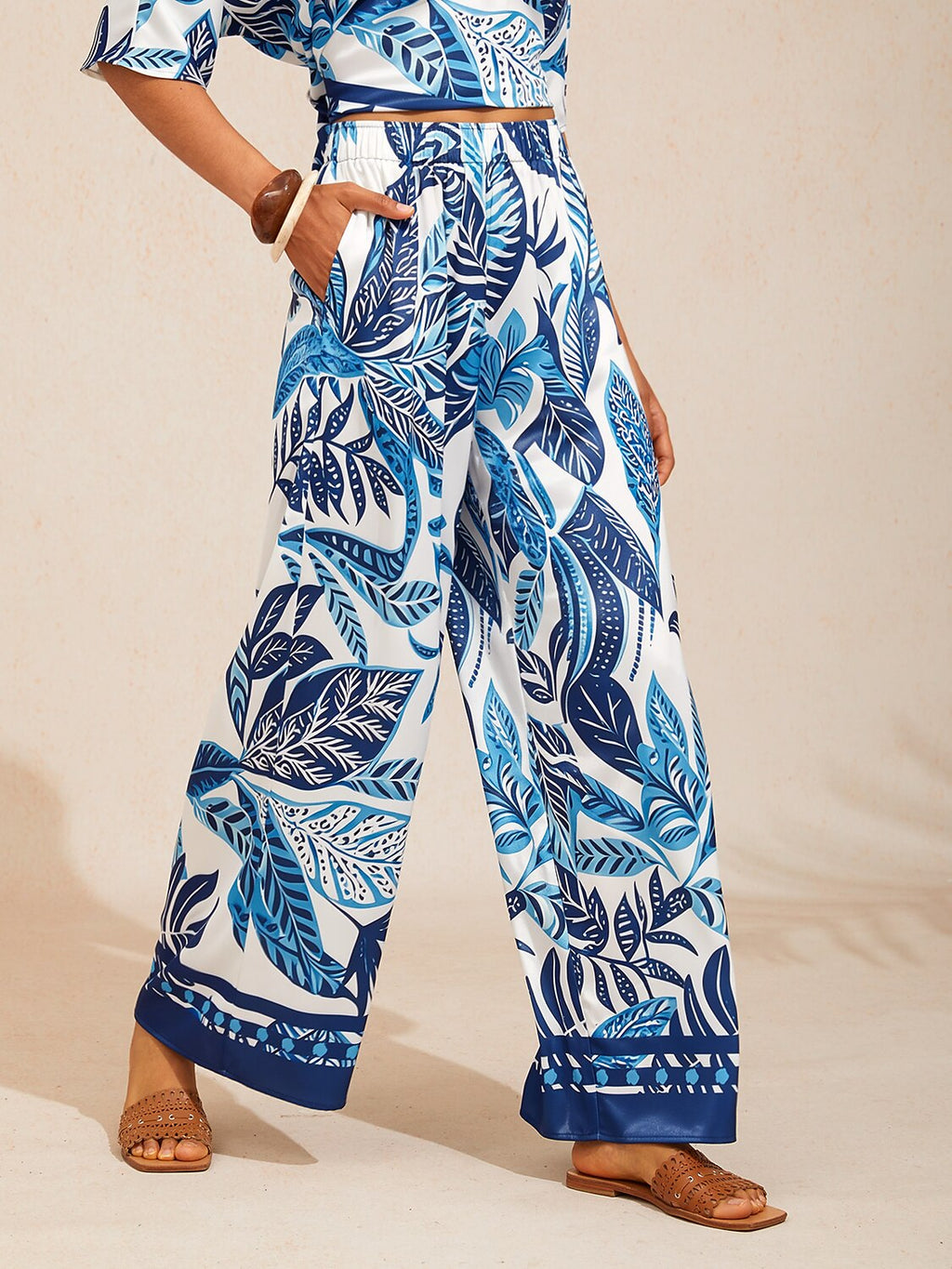 Bell Flower Satin Wide-Leg Pants in Midnight Blue by Aurelia Sun