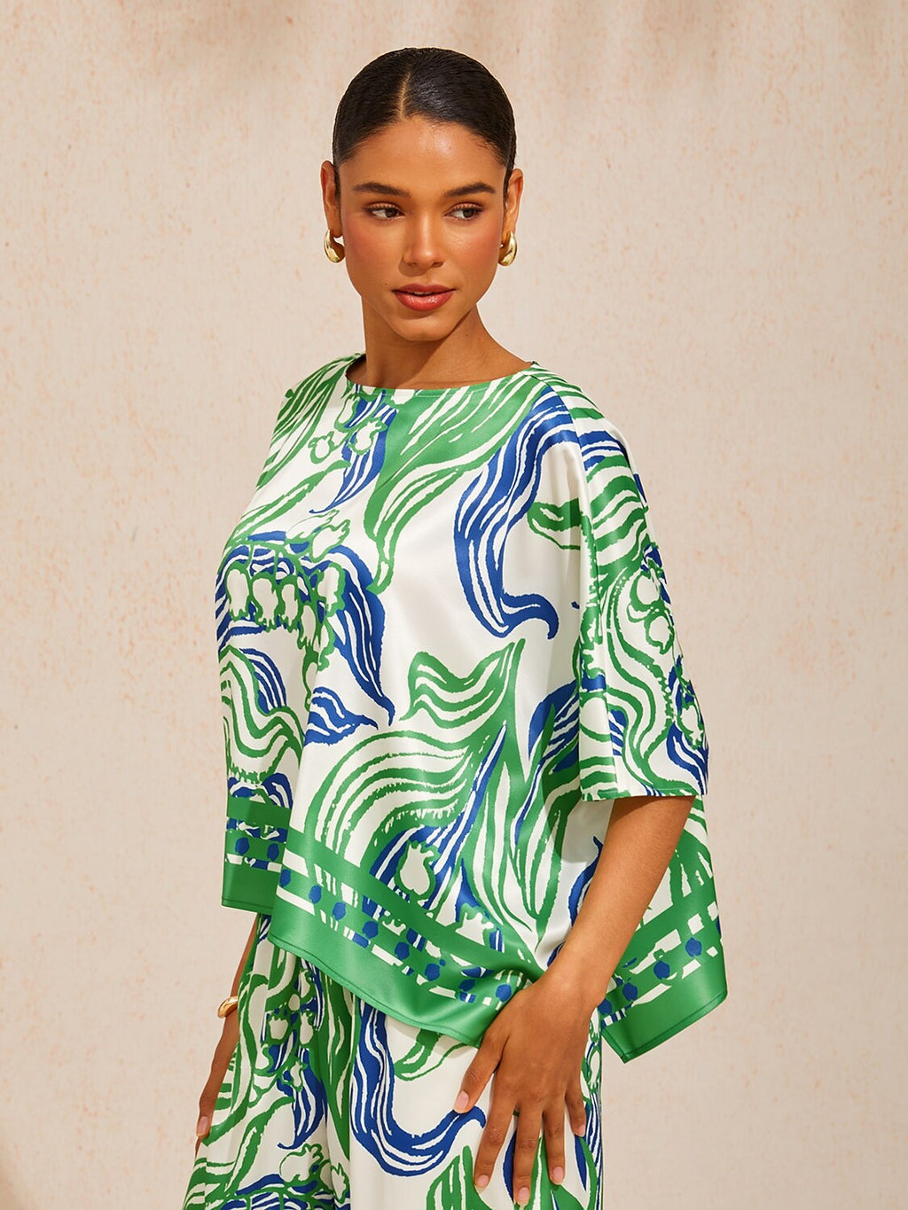 Golden Petal Satin Batwing Top in Glacier Blue by Aurelia Sun