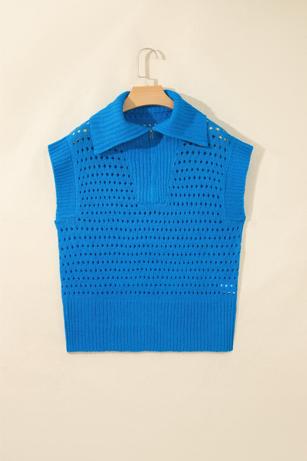Women's Zip-Collar Knit Short-Sleeve Top – Light Blue