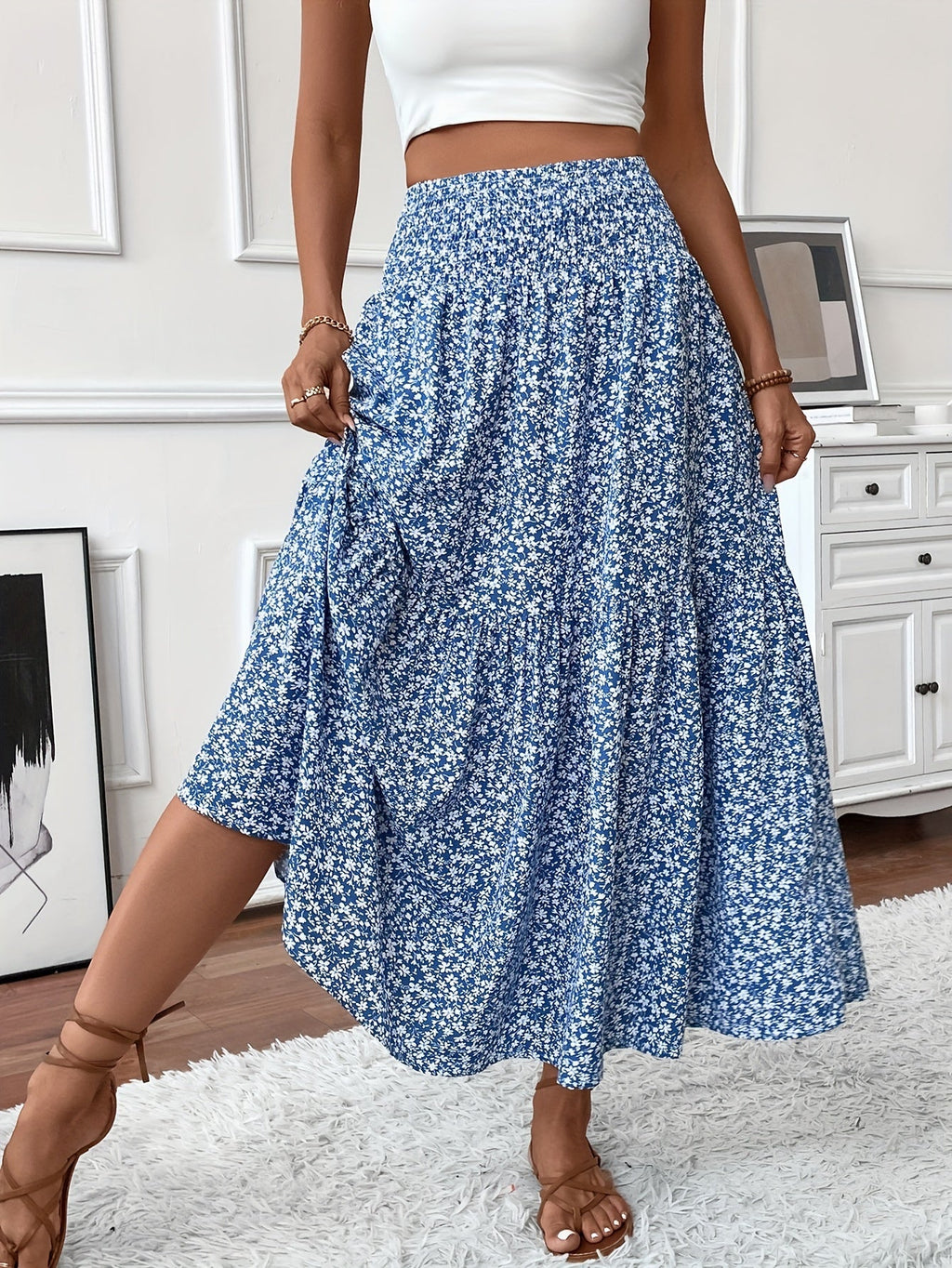 Elena Ditsy Floral Midi Skirt – Black