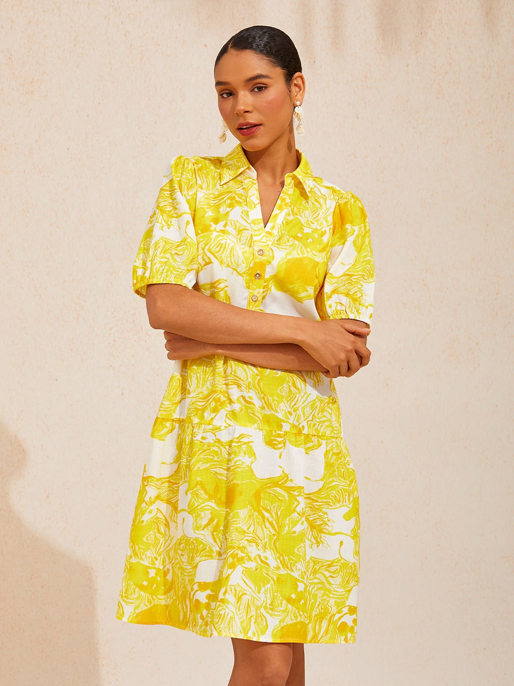 Mustang Print Linen-Look Midi Shirt Dress in Goldenrod Yellow by Aurelia Sun