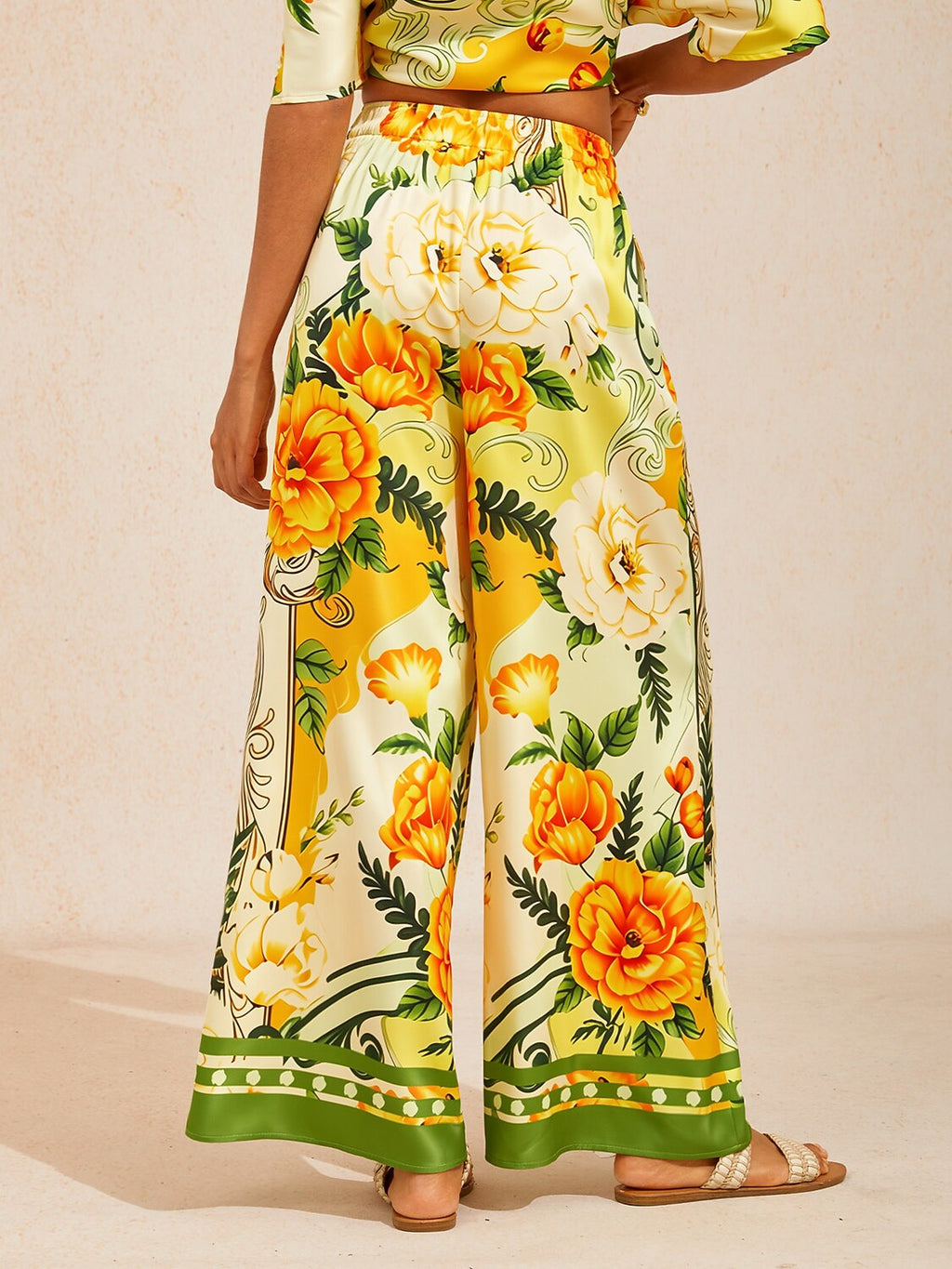 Bell Flower Satin Wide-Leg Pants in Golden Yellow by Aurelia Sun