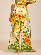 Bell Flower Satin Wide-Leg Pants in Golden Yellow by Aurelia Sun