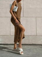 Women's Cotton Linen Side-Slit Midi Dress