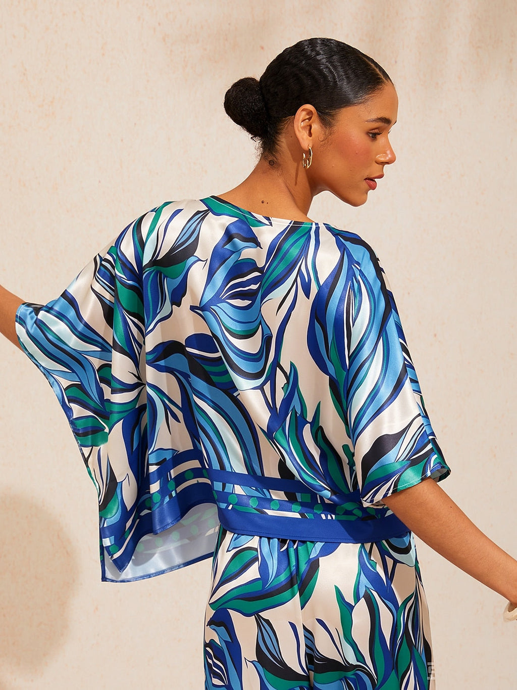 Bell Flower Satin Batwing Top in Oriental Blue by Aurelia Sun