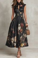 Floral High Neck Pleated Midi Dress