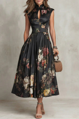 Floral High Neck Pleated Midi Dress
