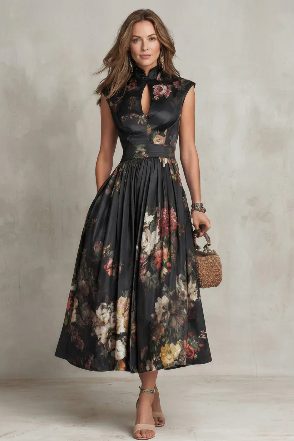 Floral High Neck Pleated Midi Dress - Aurelia Sun