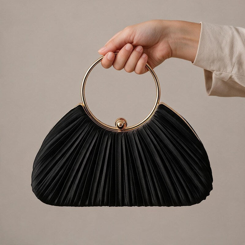 Arielle Pleated Ring-Handle Evening Bag in Black by Aurelia Sun