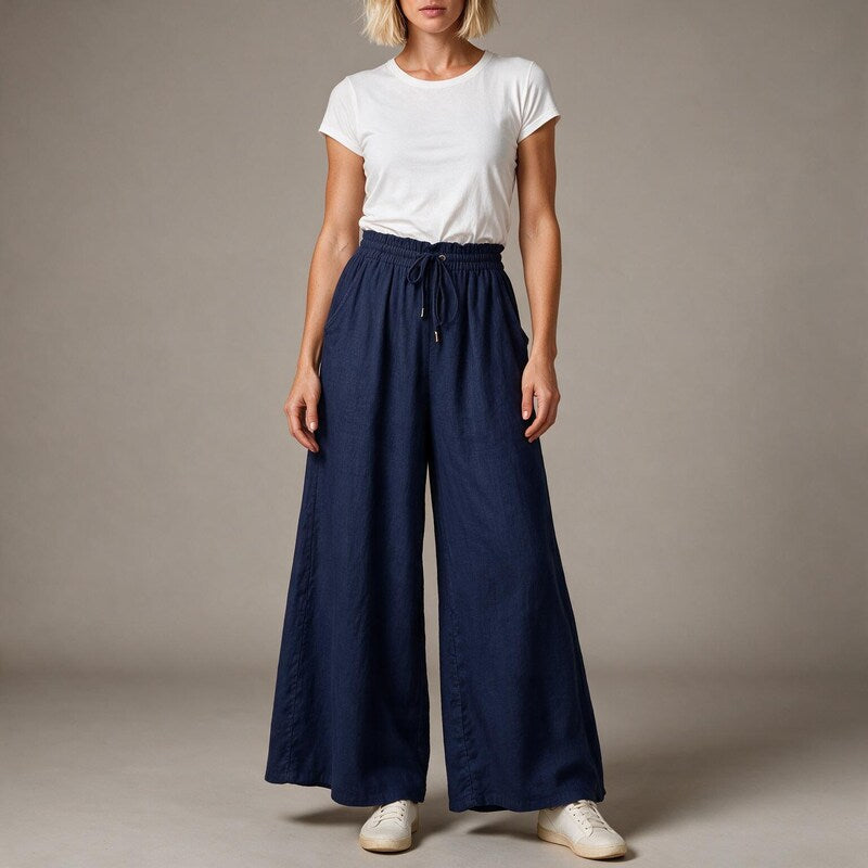 Soleil Wide-Leg Linen Drawstring Pants in Navy by Aurelia Sun