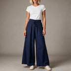 Soleil Wide-Leg Linen Drawstring Pants in Navy by Aurelia Sun