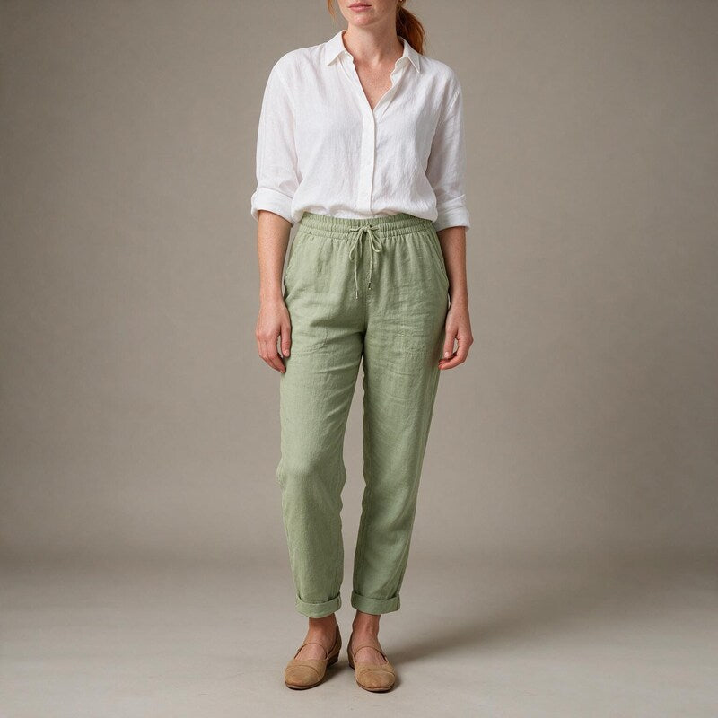 Maren Straight-Leg Linen Pants in Green by Aurelia Sun