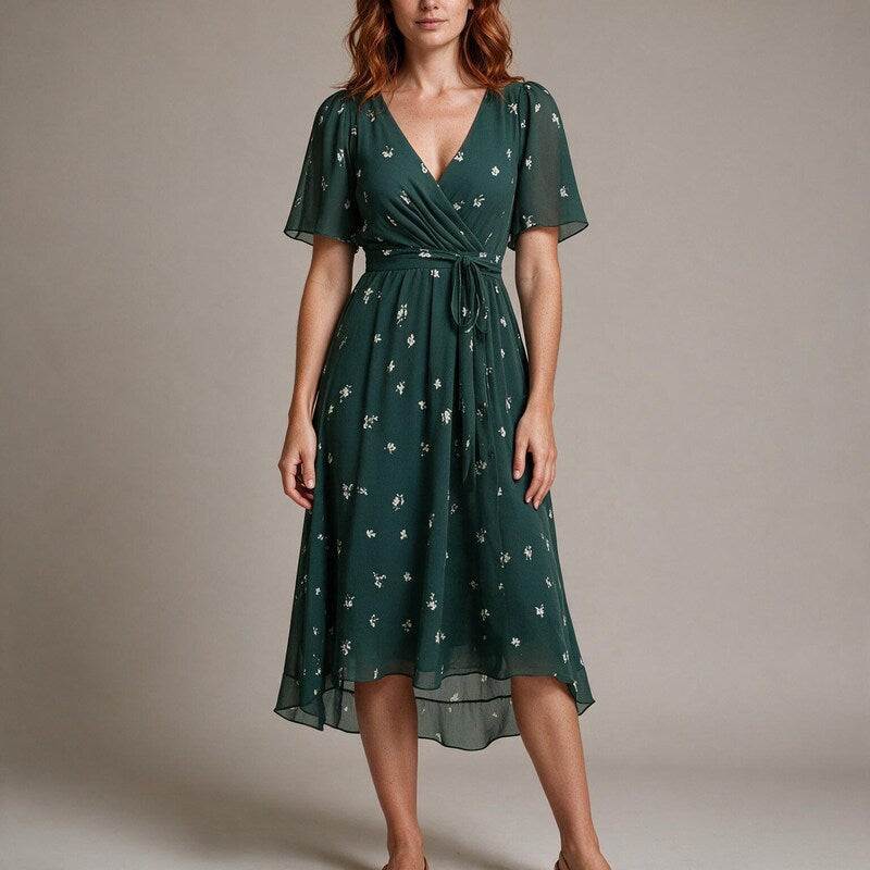 Flora Floral Handkerchief Chiffon Midi Dress in Green by Aurelia Sun