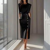 Soline Padded-Shoulder Pencil Midi Dress