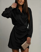 Estelle Satin Wrap Mini Dress in Black by Aurelia Sun