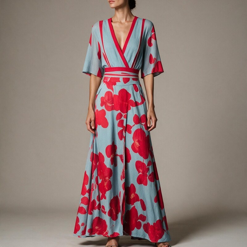 Rosalie Poppy Print Wrap Maxi Dress in Red by Aurelia Sun