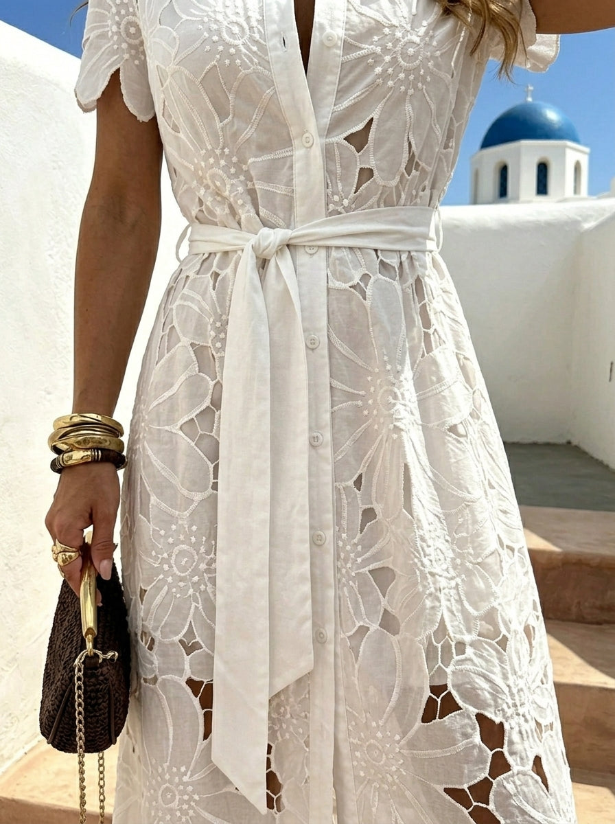 Lucienne Lace-Panel Maxi Shirt Dress in White by Aurelia Sun