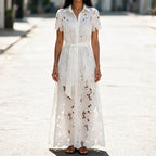 Lucienne Lace-Panel Maxi Shirt Dress in White by Aurelia Sun