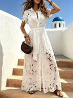 Lucienne Lace-Panel Maxi Shirt Dress in White by Aurelia Sun