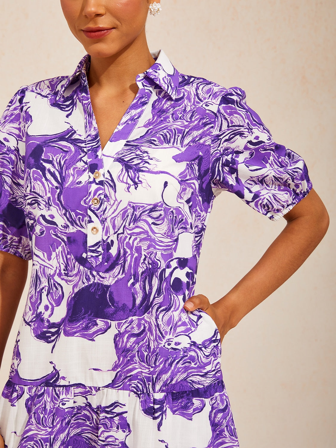Mustang Print Linen-Look Midi Shirt Dress in Orchid Purple by Aurelia Sun