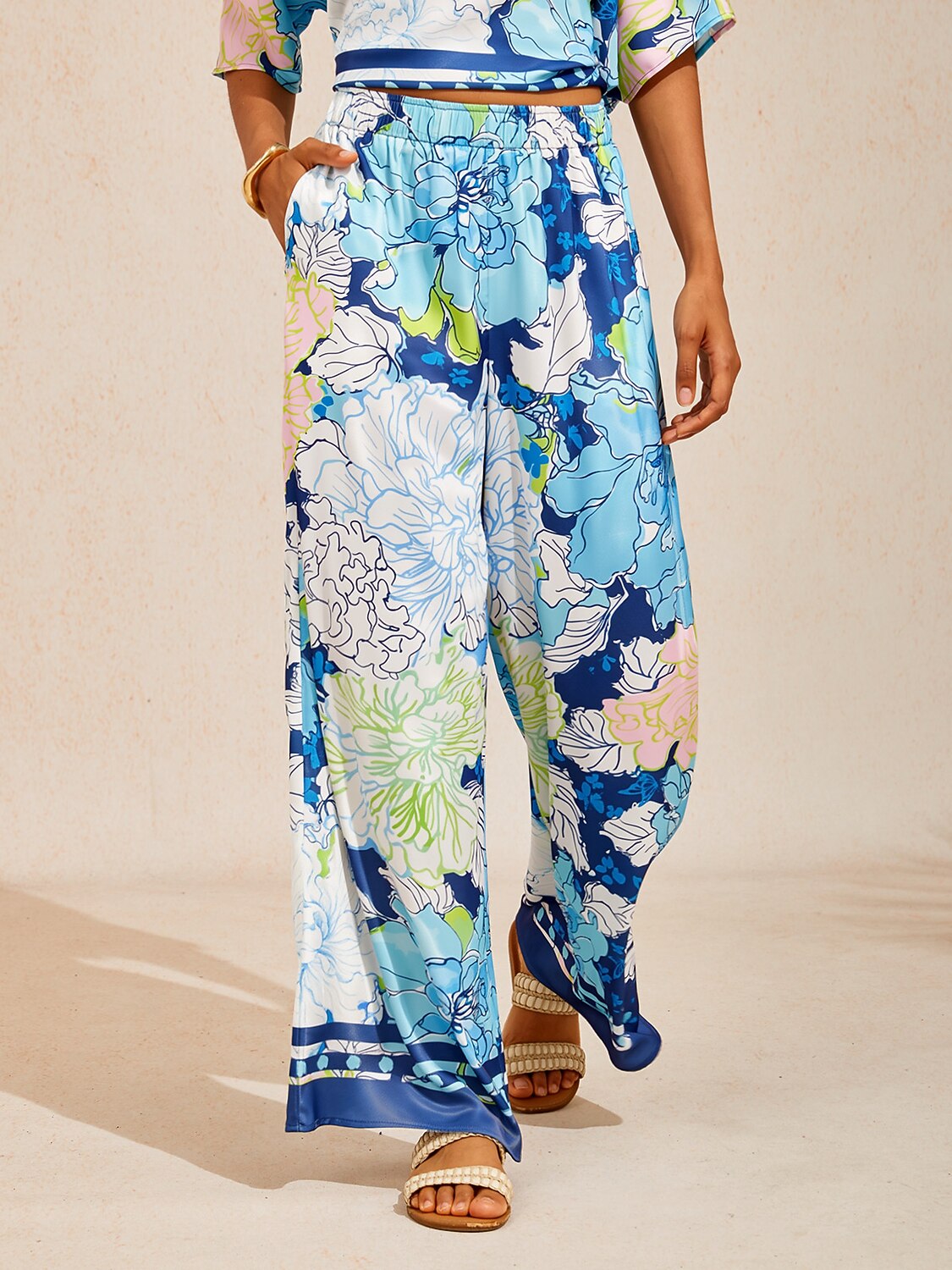 Bell Flower Satin Wide-Leg Pants in Sky Blue by Aurelia Sun