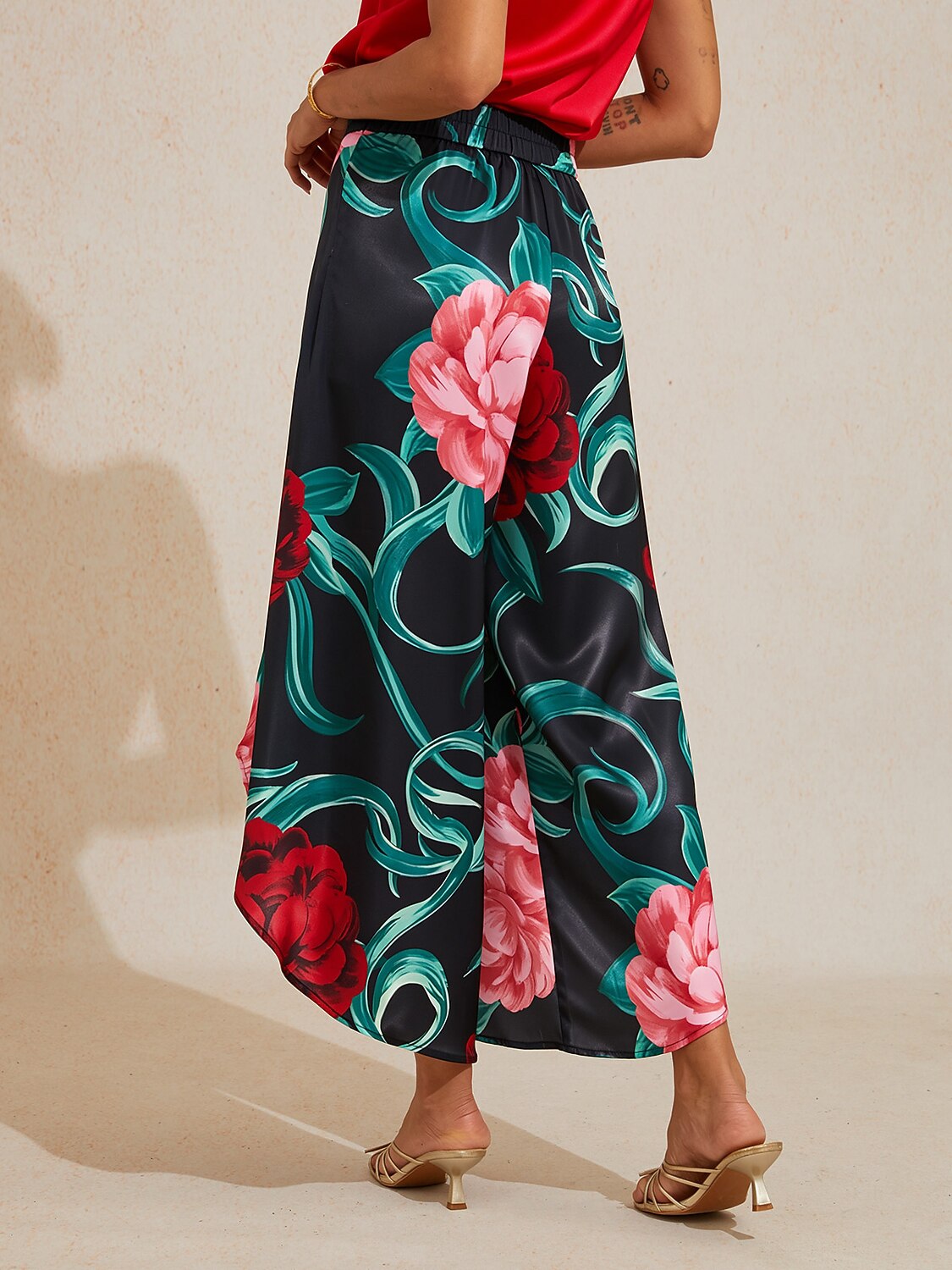 Hawaii Palm Satin Wrap Wide-Leg Pants by Aurelia Sun