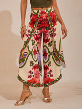Hawaii Palm Satin Wrap Wide-Leg Pants