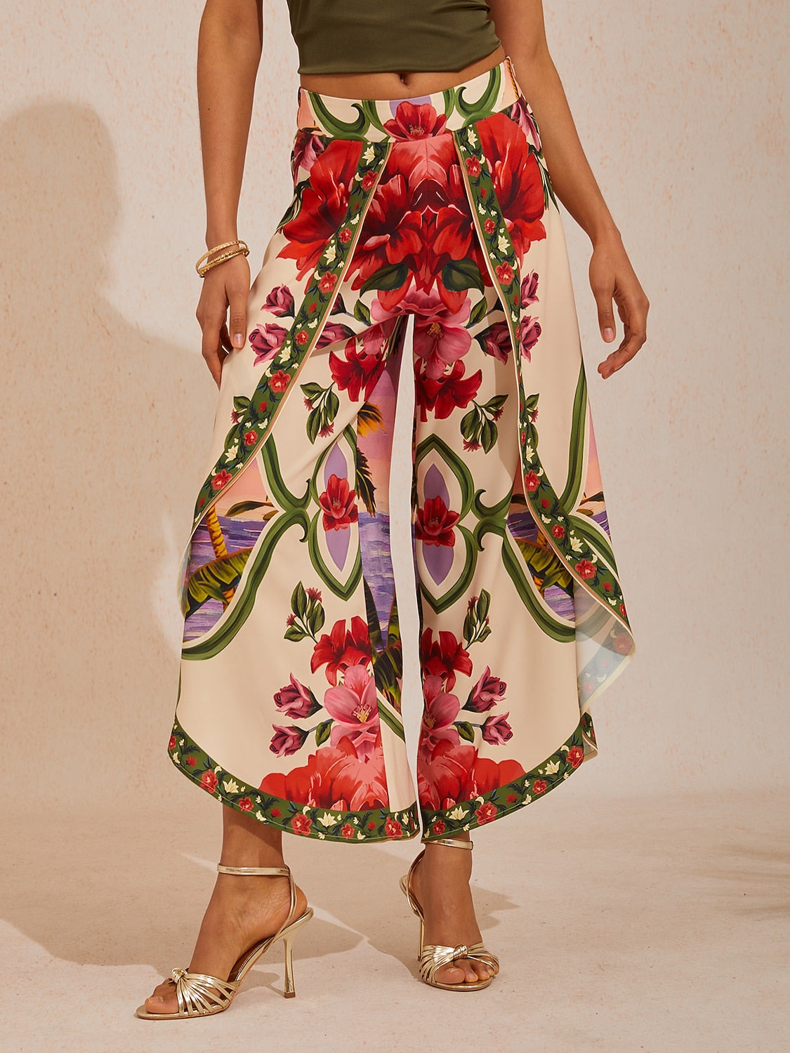Hawaii Palm Satin Wrap Wide-Leg Pants in Rose Red by Aurelia Sun