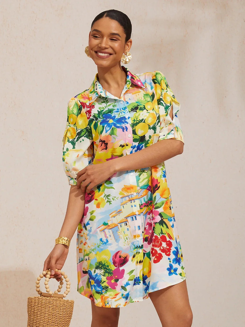 Santorini Scenic Satin Midi Shirt Dress in Teal by Aurelia Sun
