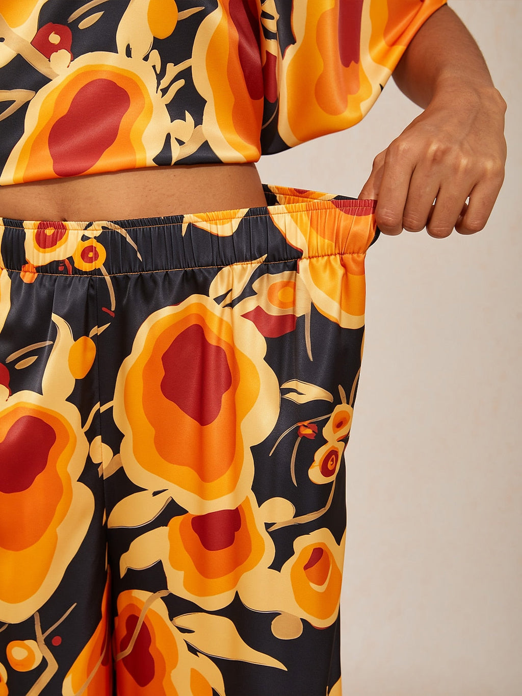 Golden Petal Satin Wide-Leg Pants by Aurelia Sun