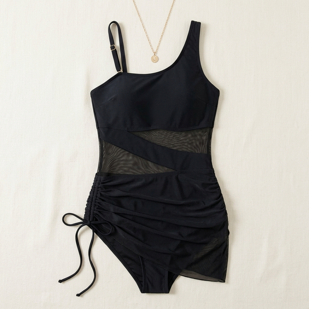 Sirena Ruched Mesh Swimsuit – Black
