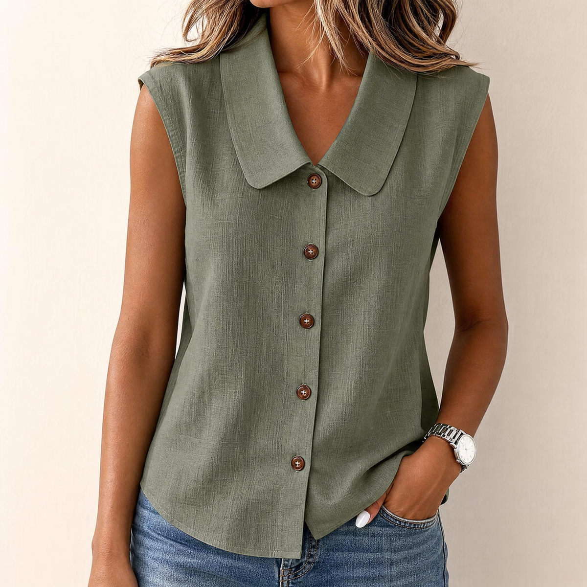 Celine Collared Sleeveless Blouse – Olive