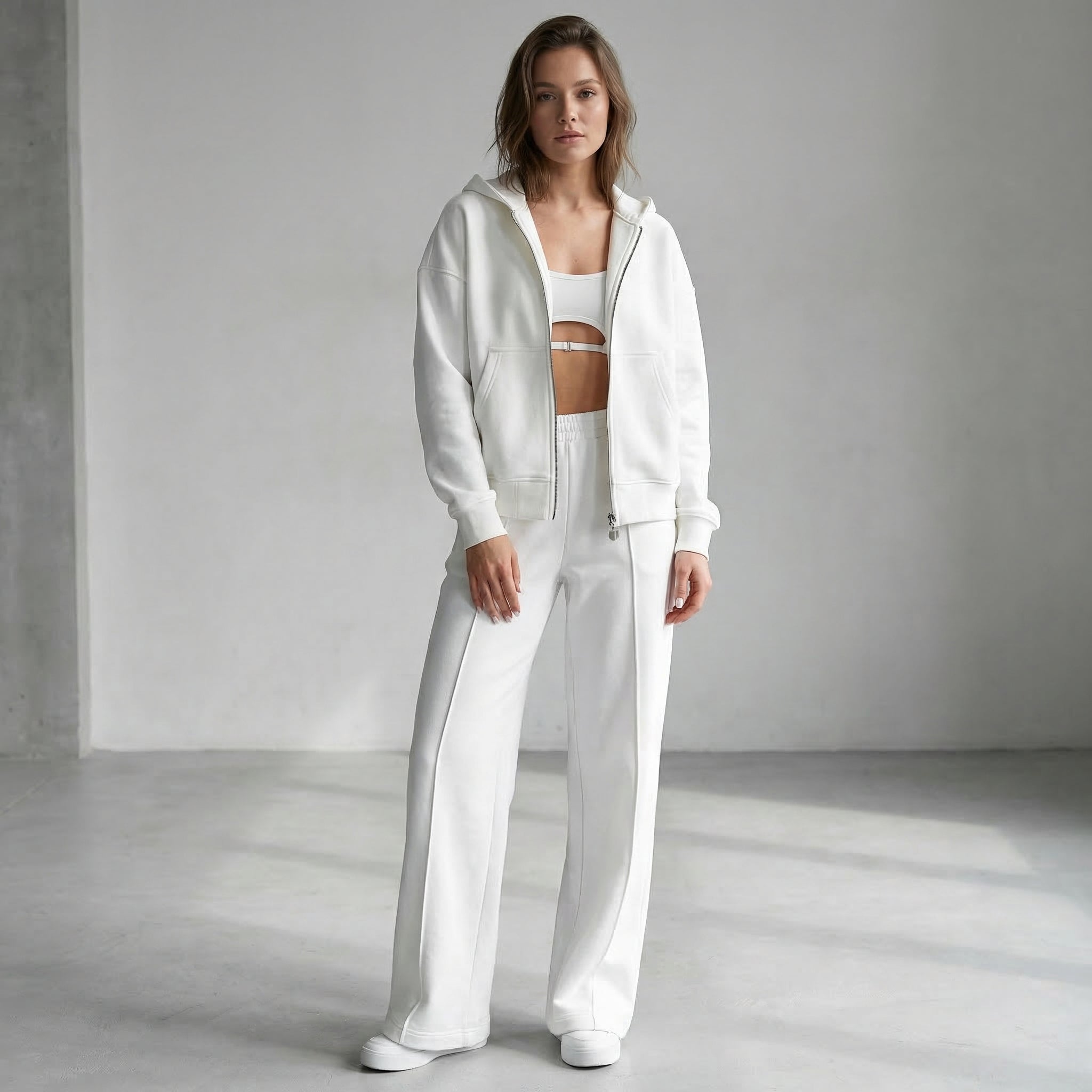Women's Zip Jacket & Wide-Leg Pants Set – Beige