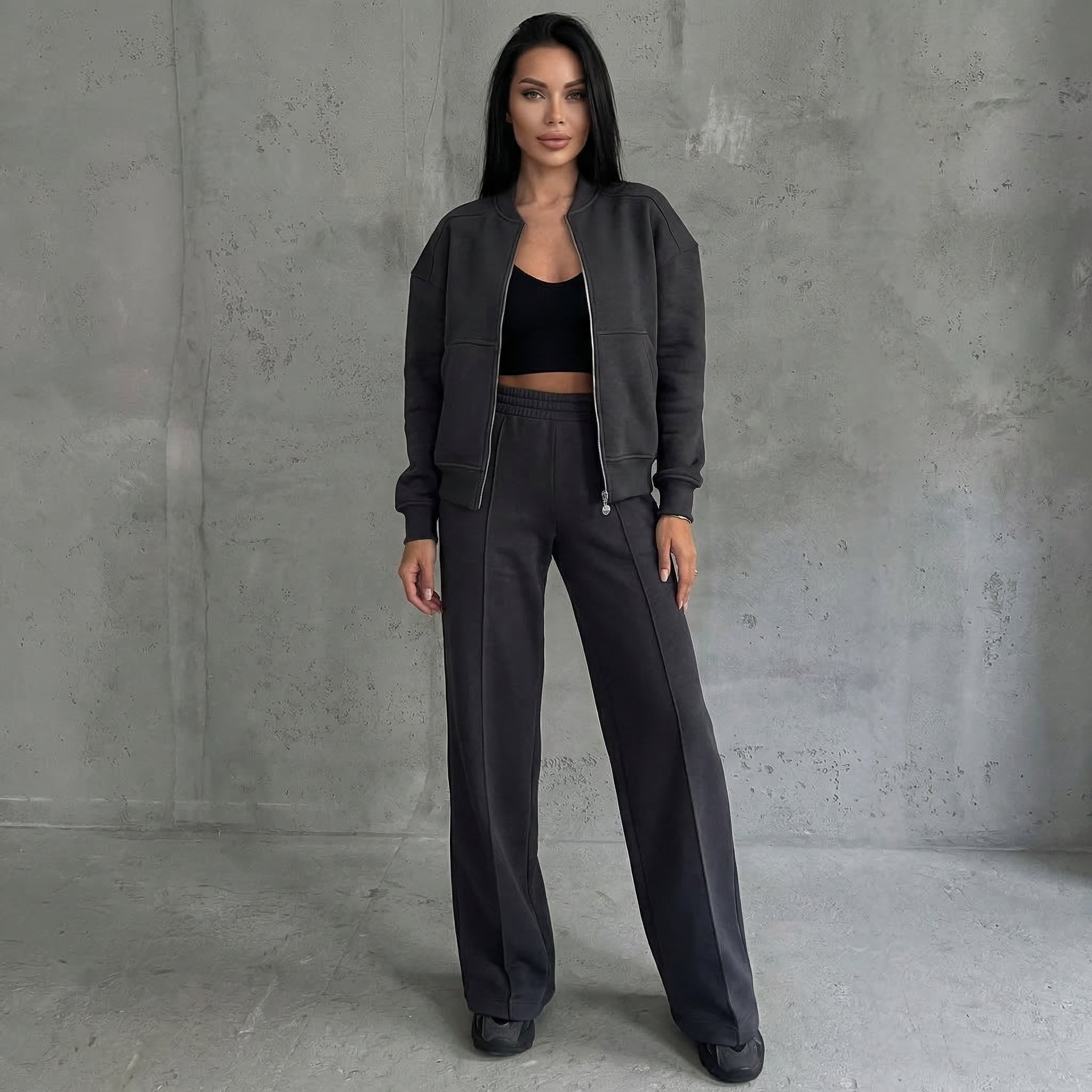 Women's Zip Jacket & Wide-Leg Pants Set – Beige