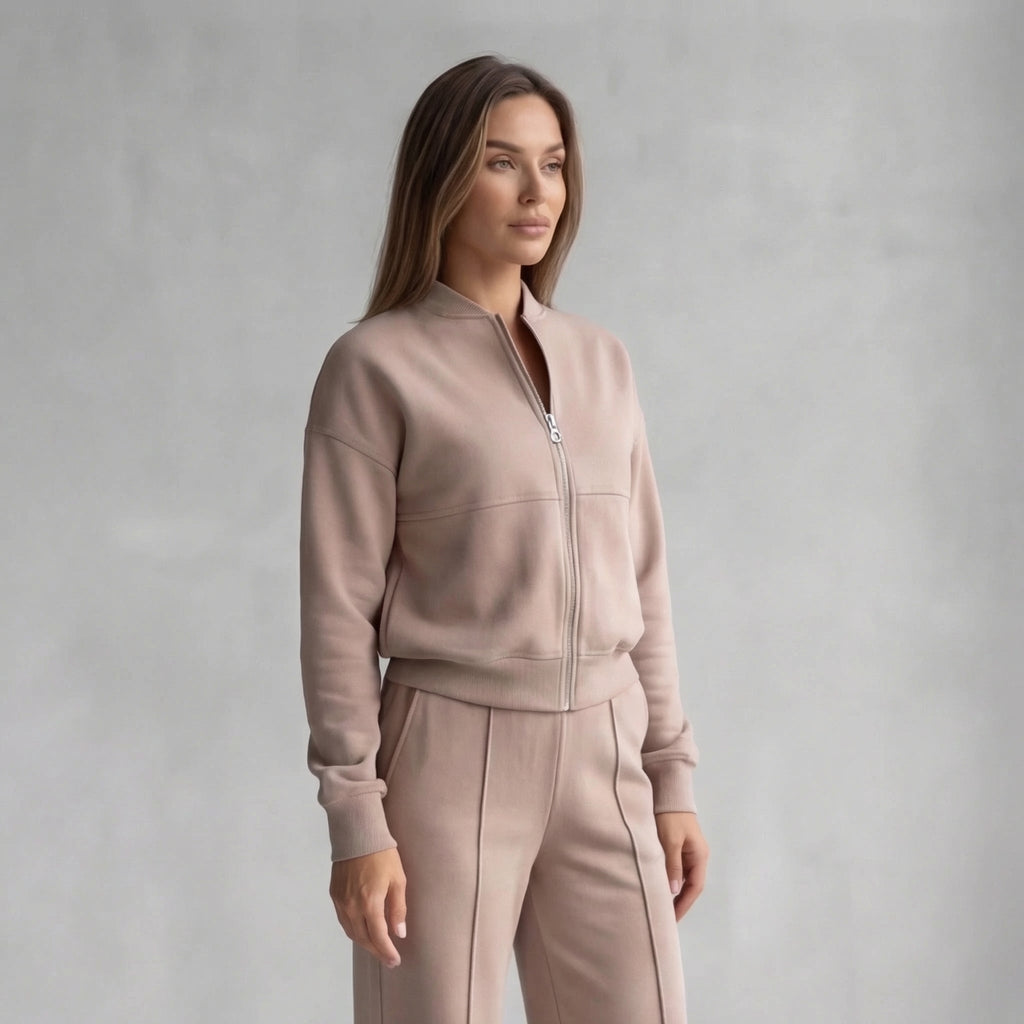Women's Zip Jacket & Wide-Leg Pants Set – Beige