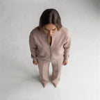 Women's Zip Jacket & Wide-Leg Pants Set – Beige