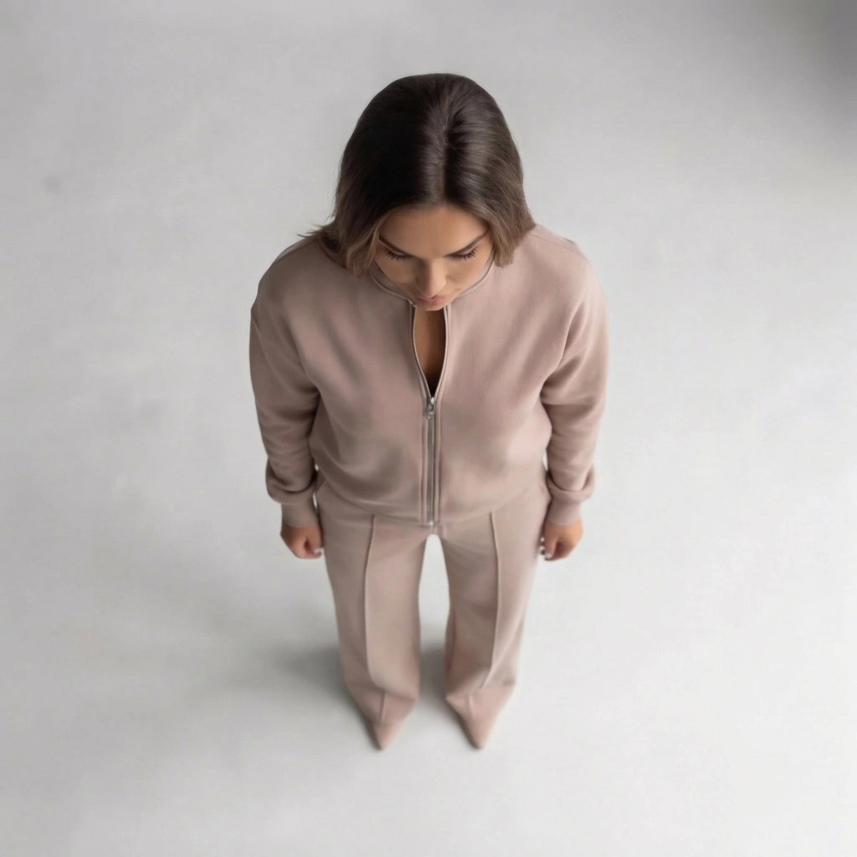 Women's Zip Jacket & Wide-Leg Pants Set – Beige