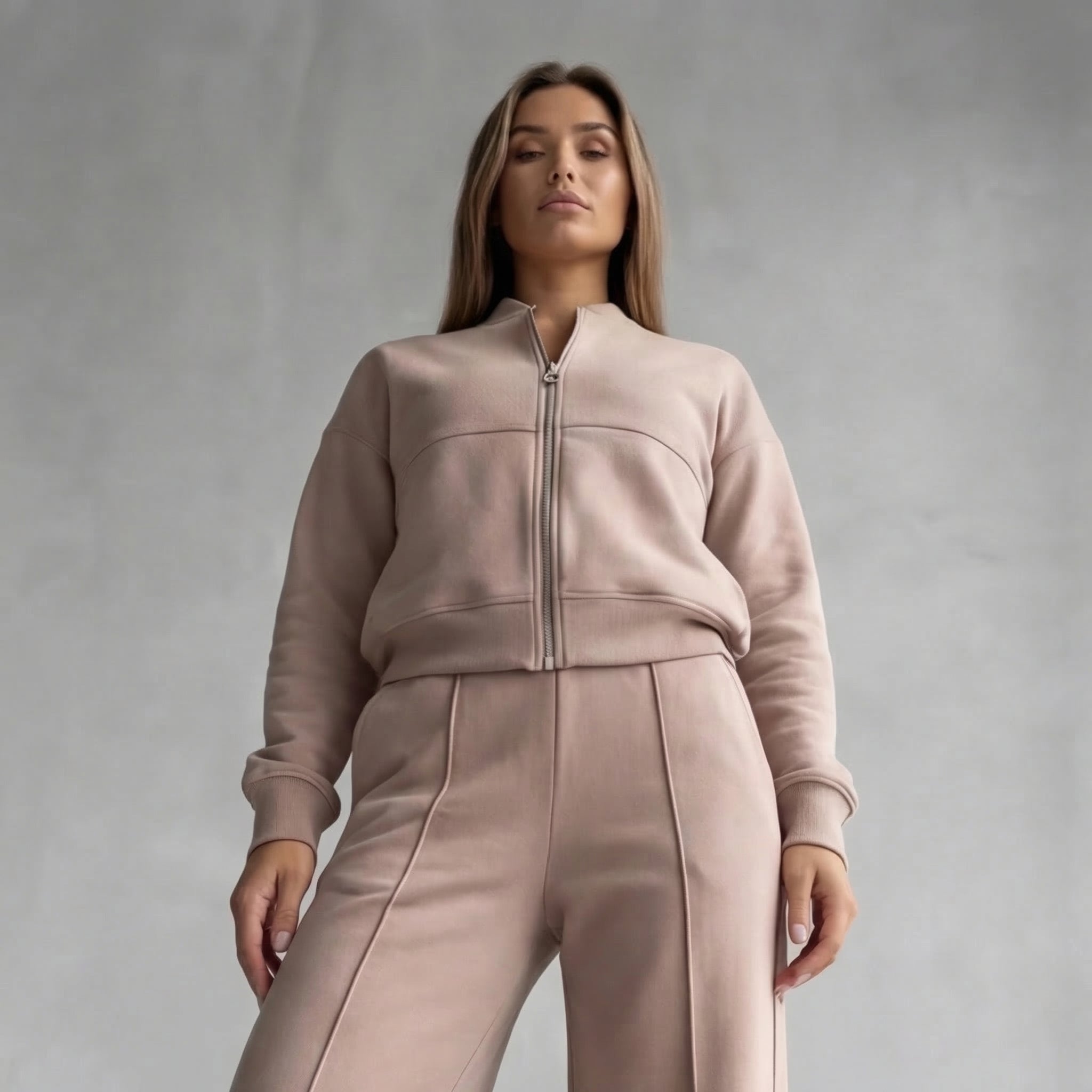Women's Zip Jacket & Wide-Leg Pants Set – Beige