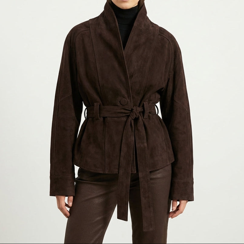 Elara Belted Suede-Look Wrap Jacket in Brown by Aurelia Sun
