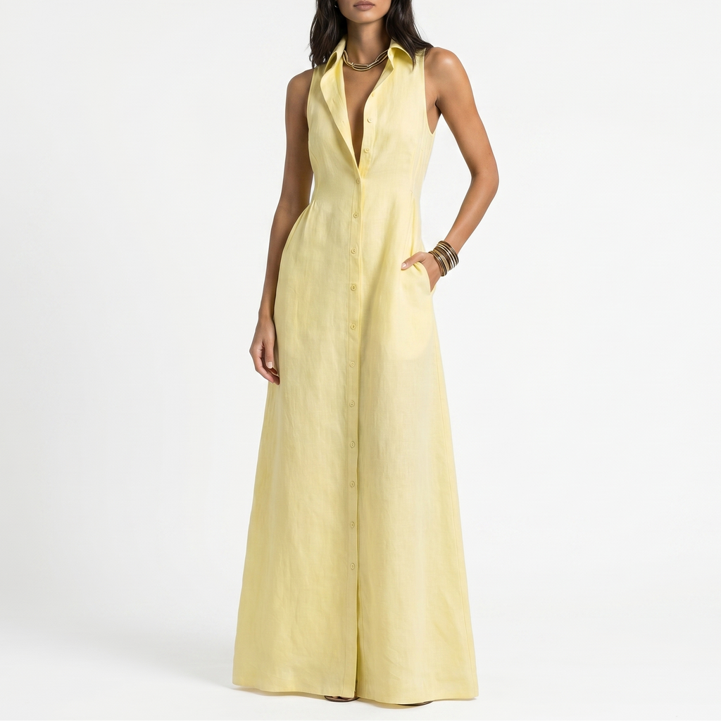 Aurélie Linen Button-Front Maxi Dress in Yellow by Aurelia Sun