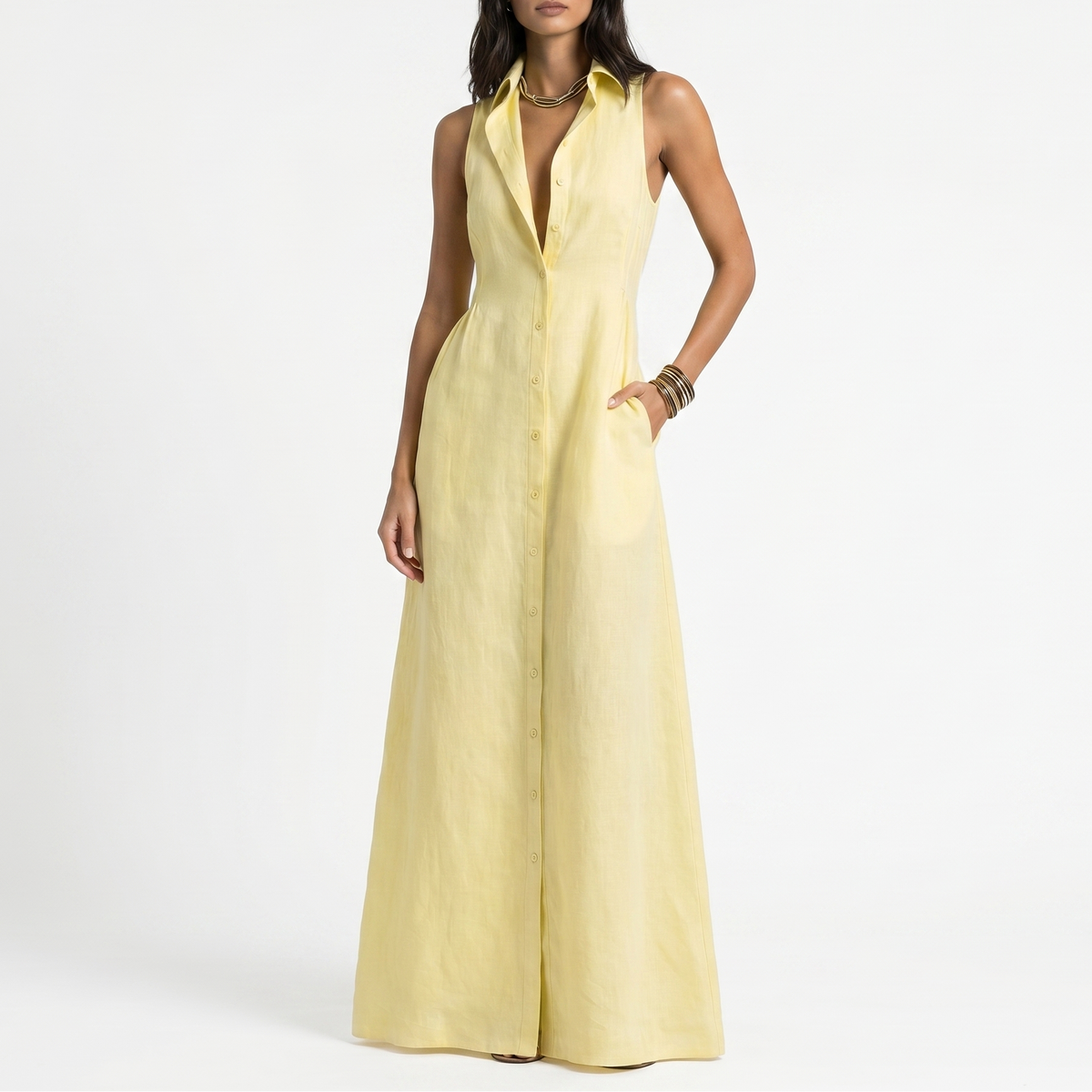Aurélie Linen Button-Front Maxi Dress in Yellow by Aurelia Sun