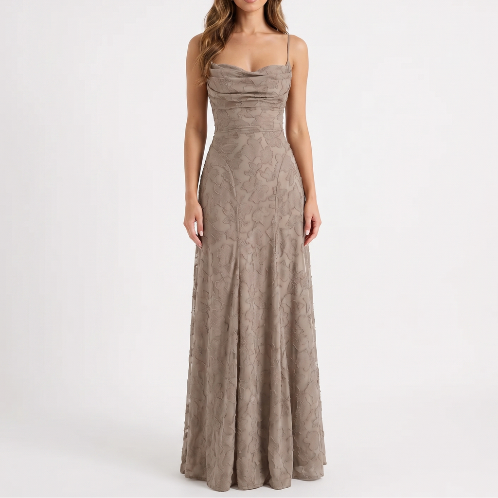 Amara Floral Jacquard Cowl-Neck Maxi Dress in Khaki by Aurelia Sun