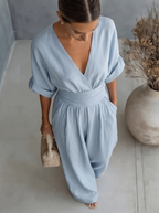 Women's V-Neck Wide-Leg Jumpsuit – Light Blue