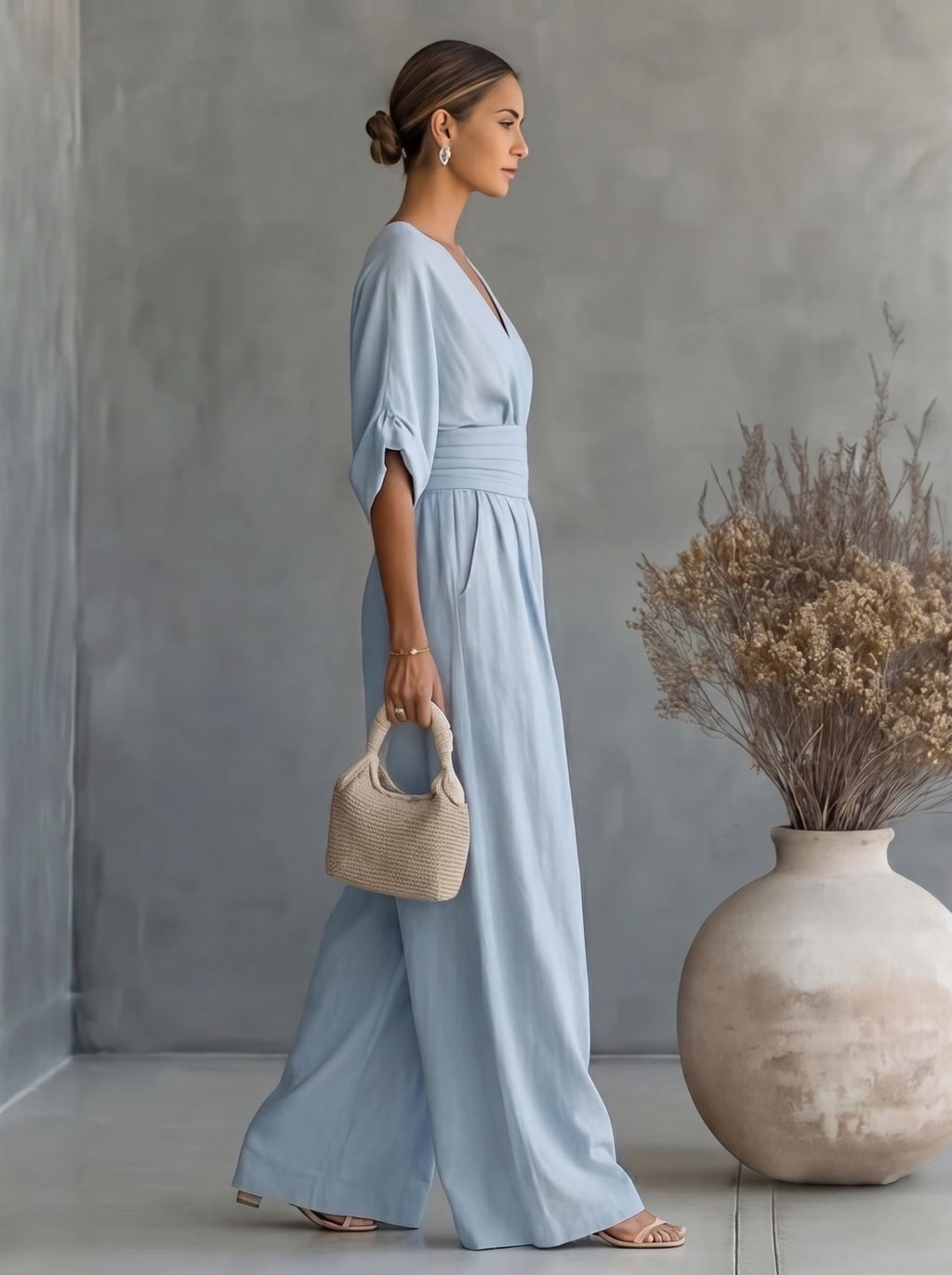 Women's V-Neck Wide-Leg Jumpsuit – Light Blue