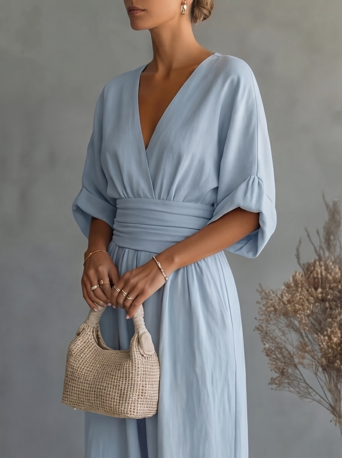 Women's V-Neck Wide-Leg Jumpsuit – Light Blue