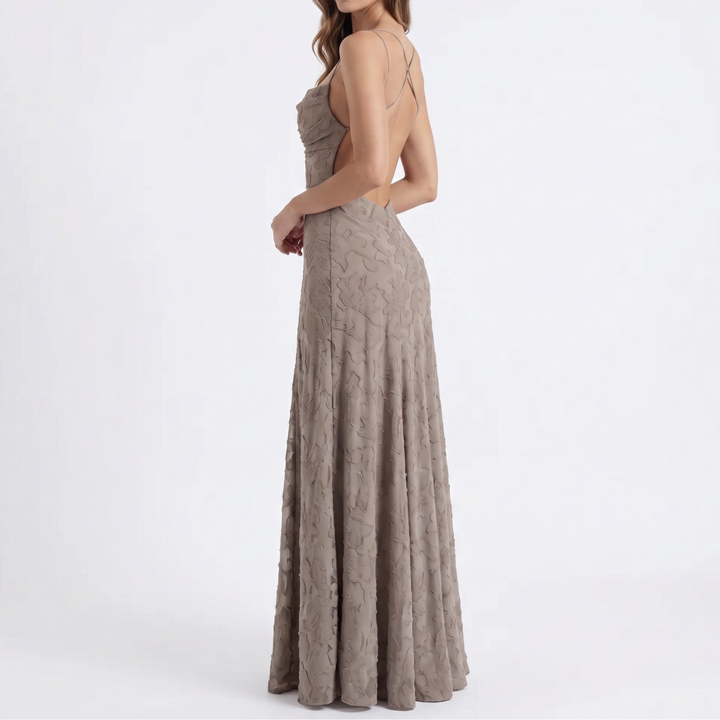 Amara Floral Jacquard Cowl-Neck Maxi Dress in Khaki by Aurelia Sun